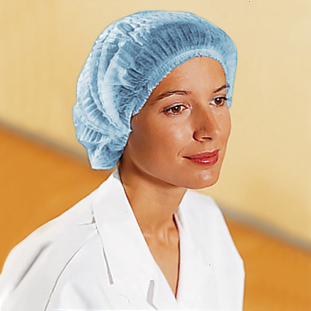 100 charlottes à clip jetables en polypropylène bleues, contact alimentaire, taille unique