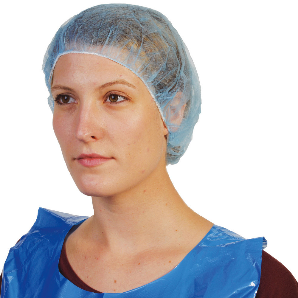 100 charlottes rondes jetables bleues en polypropylène non tissées.