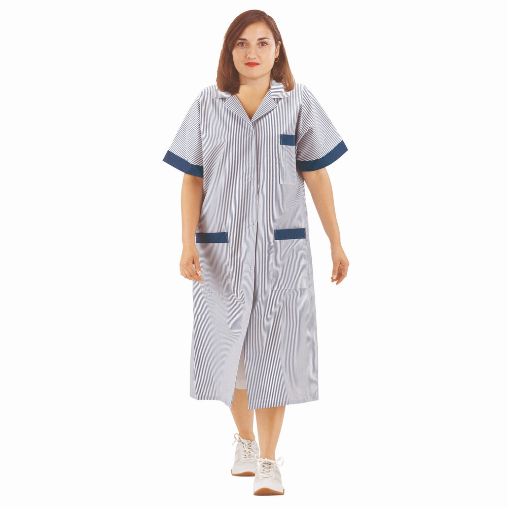 Blouse professionnelle femme bleu ciel et blanc en polycoton, manches courtes, taille 56/58