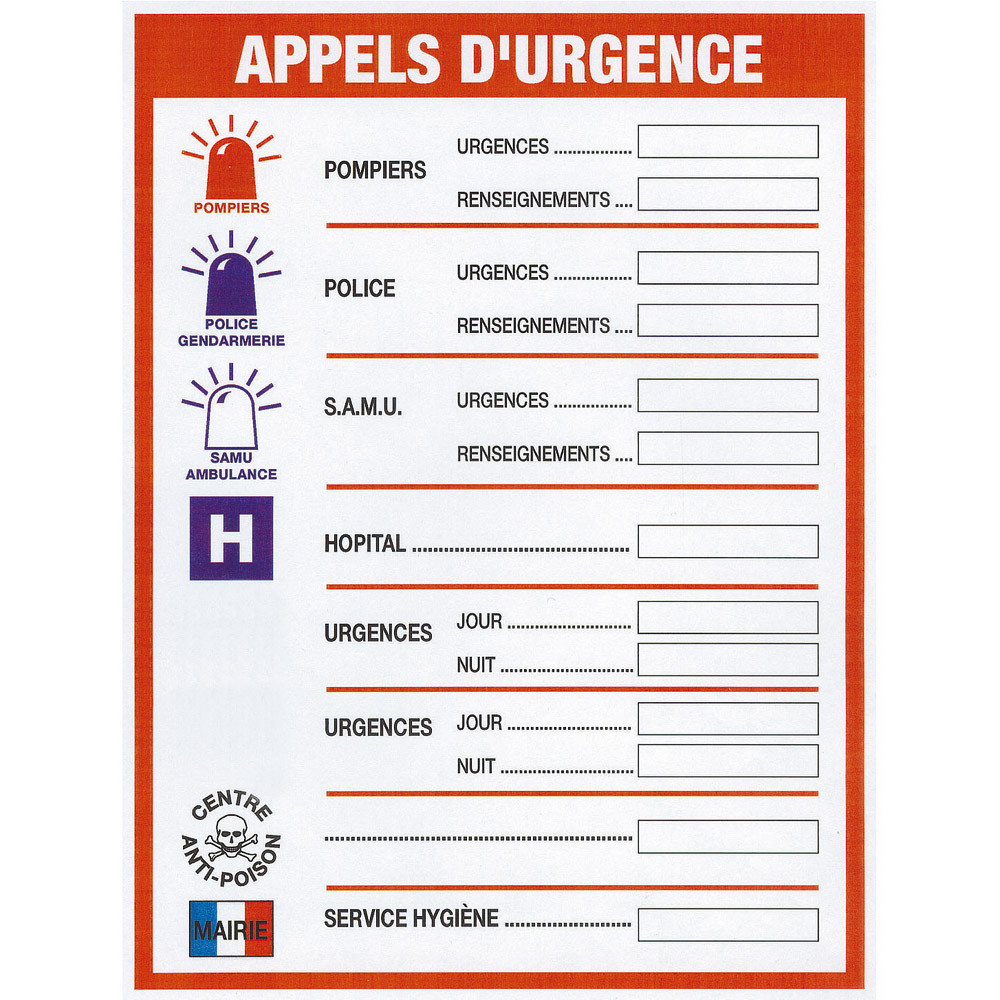 Panneau appels d'urgence 46 x 32 cm polystyrène choc