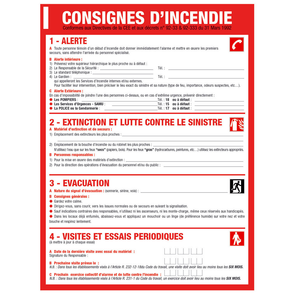 Panneau consignes d'incendie 40 x 30 cm polystyrène choc