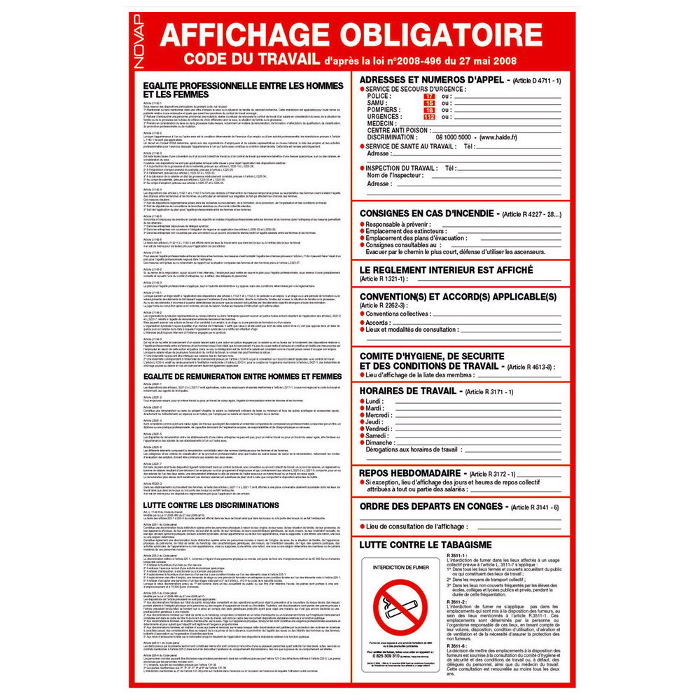 Panneau affichage obligatoire du Code du travail 40 x 60 cm polystyrène choc