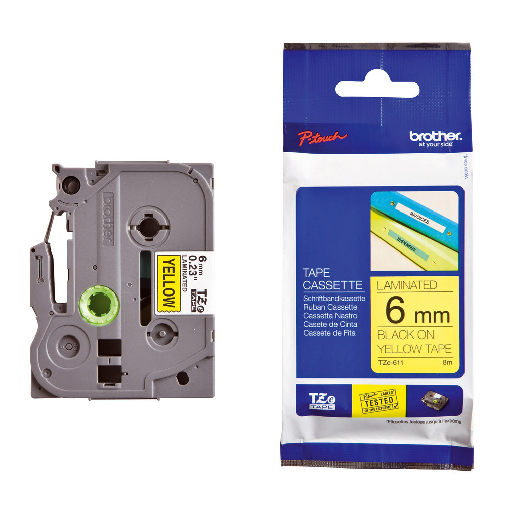 Ruban Brother TZe-611 largeur 6 mm écriture noir / fond jaune