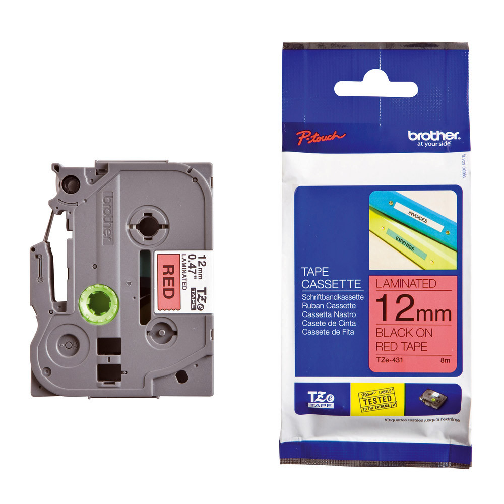 Ruban Brother TZe-431 largeur 12 mm écriture noir / fond rouge