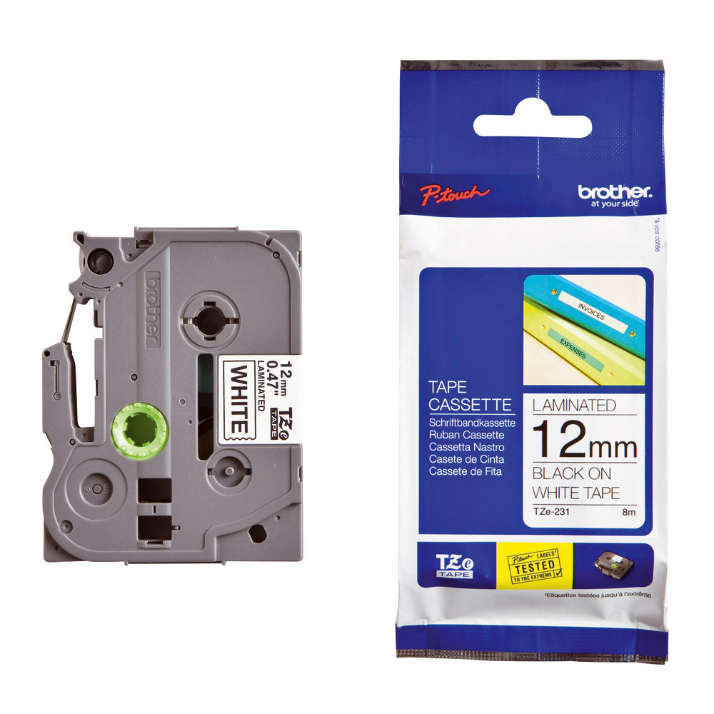 Ruban Brother TZe-231 largeur 12 mm écriture noir / fond blanc