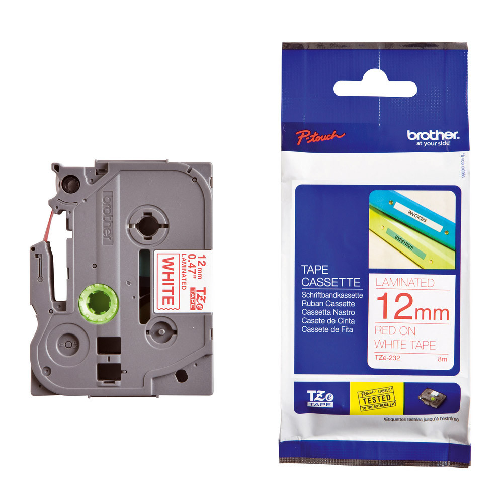 Ruban Brother TZe-232 largeur 12 mm écriture rouge / fond blanc