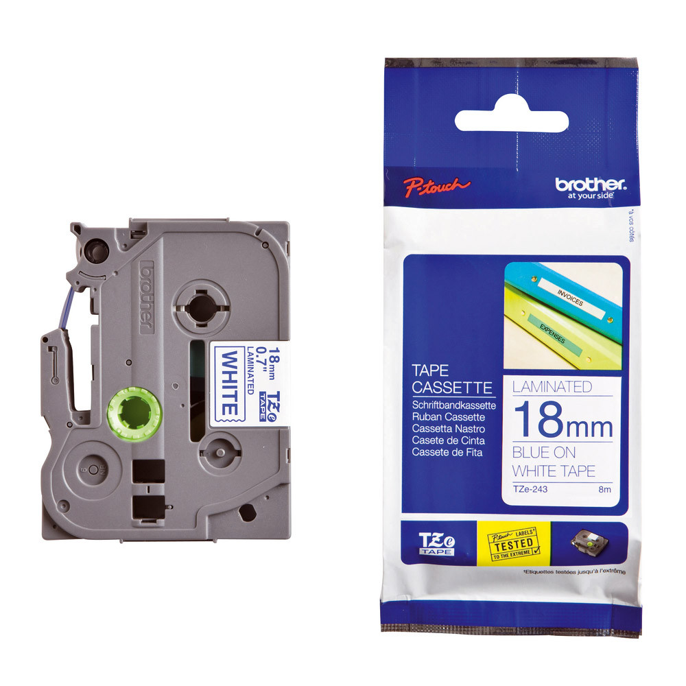 Ruban Brother TZe-243 largeur 18 mm écriture bleu / fond blanc