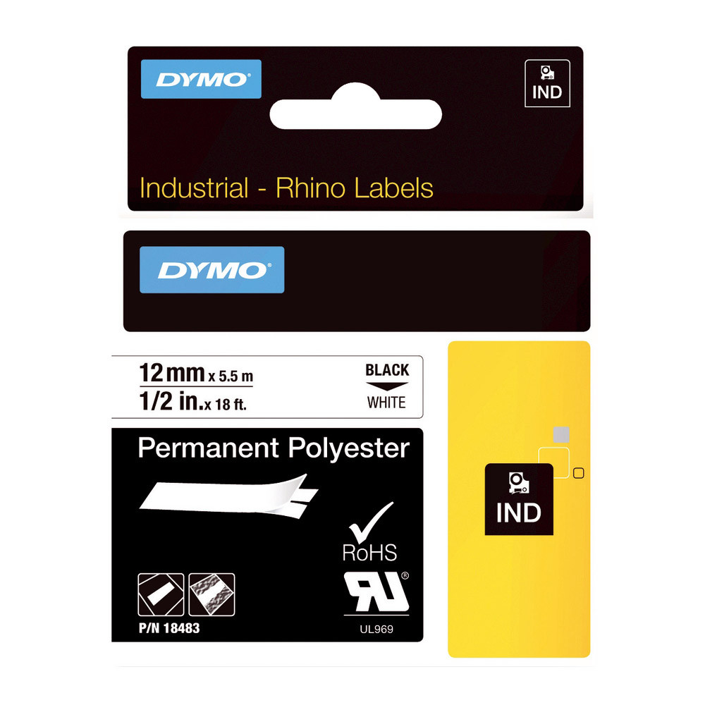 Ruban polyester Dymo 12 mm x 5,5 m coloris blanc pour titreuse Rhino 4200