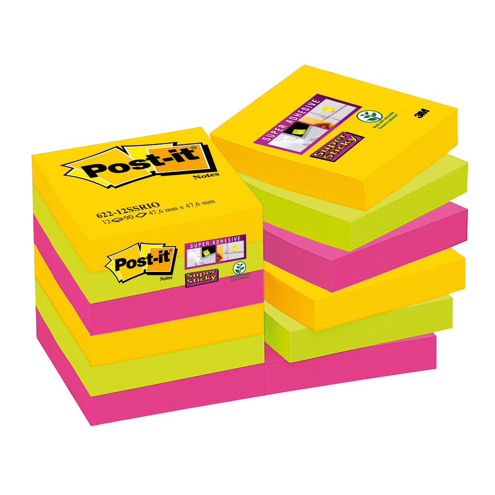 12 blocs notes repositionnables Post-it® Super Sticky Carnival 47,6 x 47,6 mm