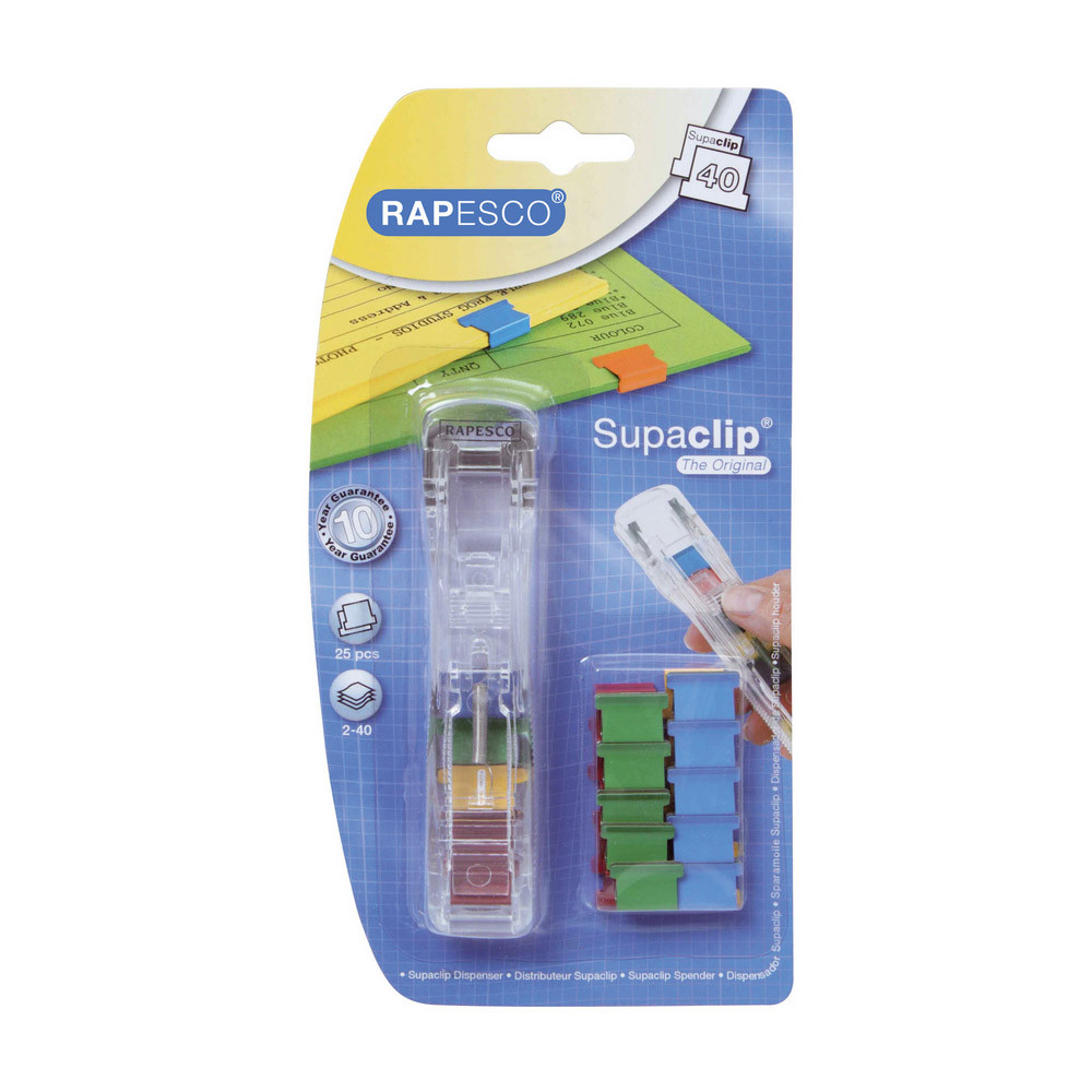 Distributeur Supaclip® 40 Transparent Rapesco + 25 pinces multicolores