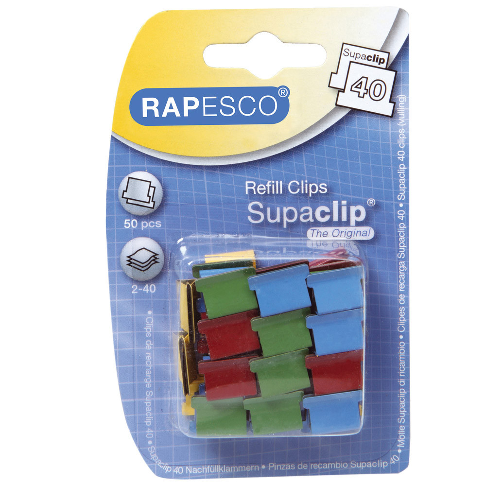 50 pinces de recharge Supaclip® 40 Rapesco multicolores, le paquet