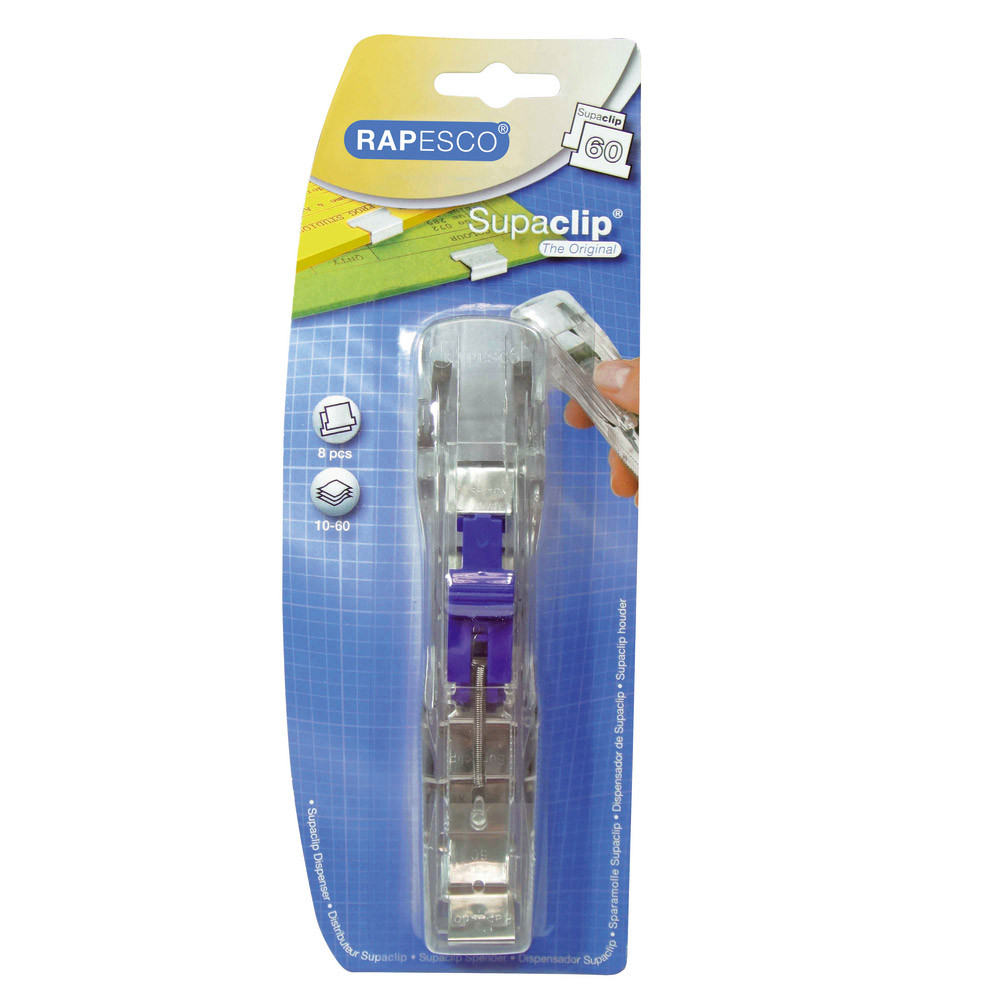 Distributeur Supaclip® 60 Transparent Rapesco + 8 pinces en acier inoxydable