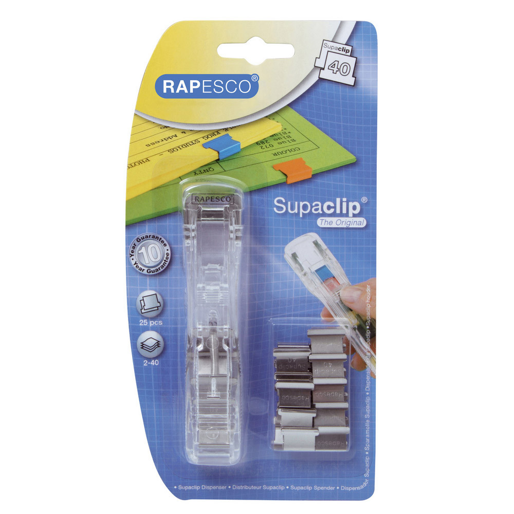 Distributeur Supaclip® 40 transparent Rapesco + 25 pinces en acier inoxydable