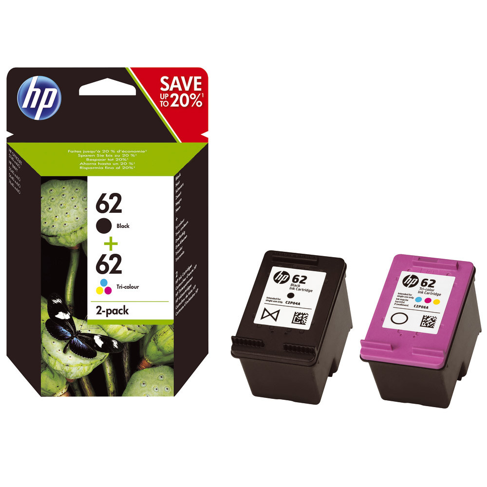 Pack 2 cartouches HP 62 noir et couleurs pour imprimantes jet d'encre