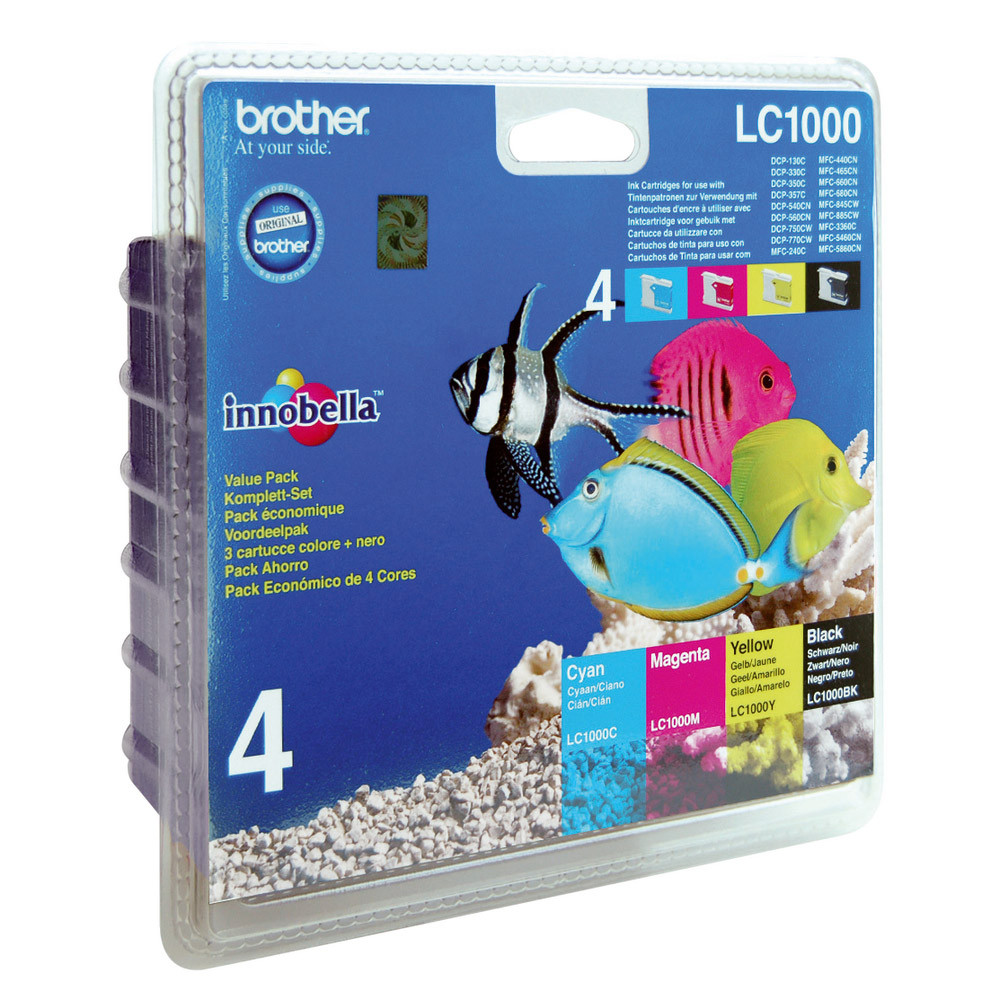 Pack 4 cartouches Brother LC1000 noir et couleurs (cyan + magenta + jaune) pour imprimantes jet d'en