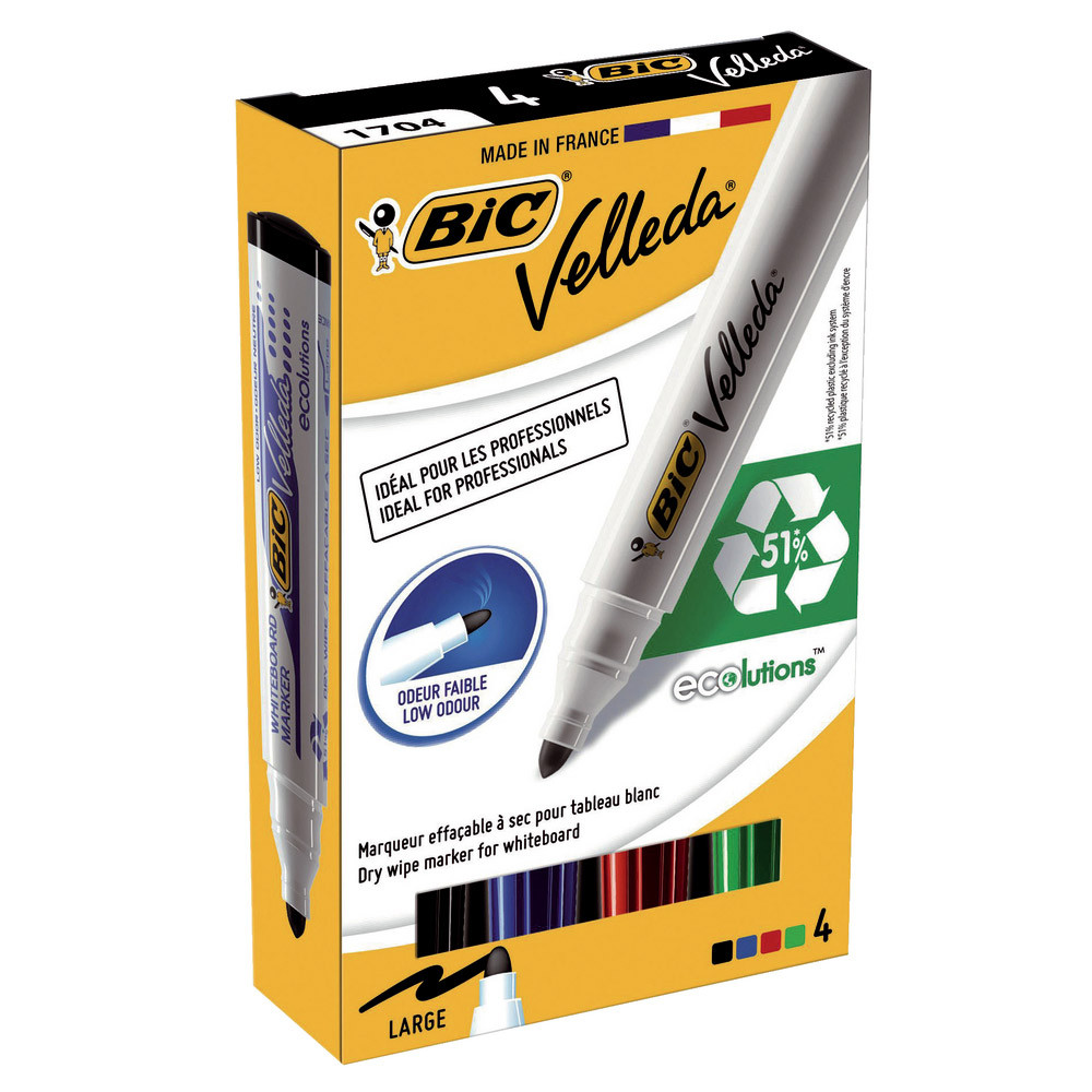 4 marqueurs Bic Velleda 1701 coloris assortis