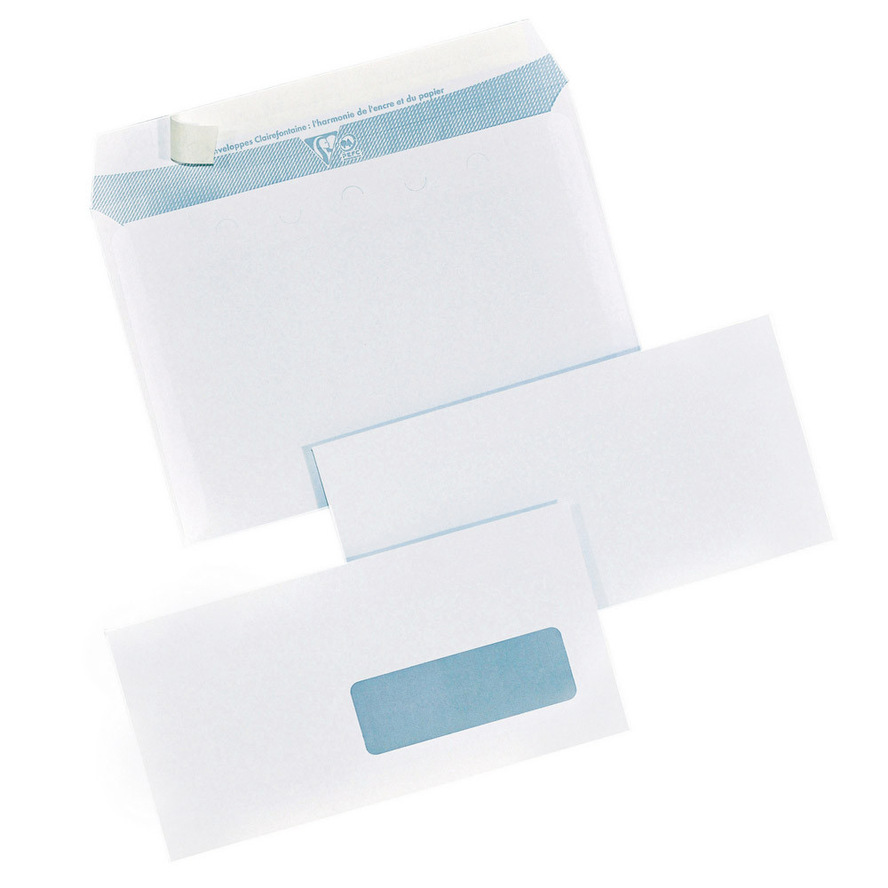 250 enveloppes DL extra blanche Clairefontaine à bande protectrice 110 x 220 mm avec fenêtre 35 x 10