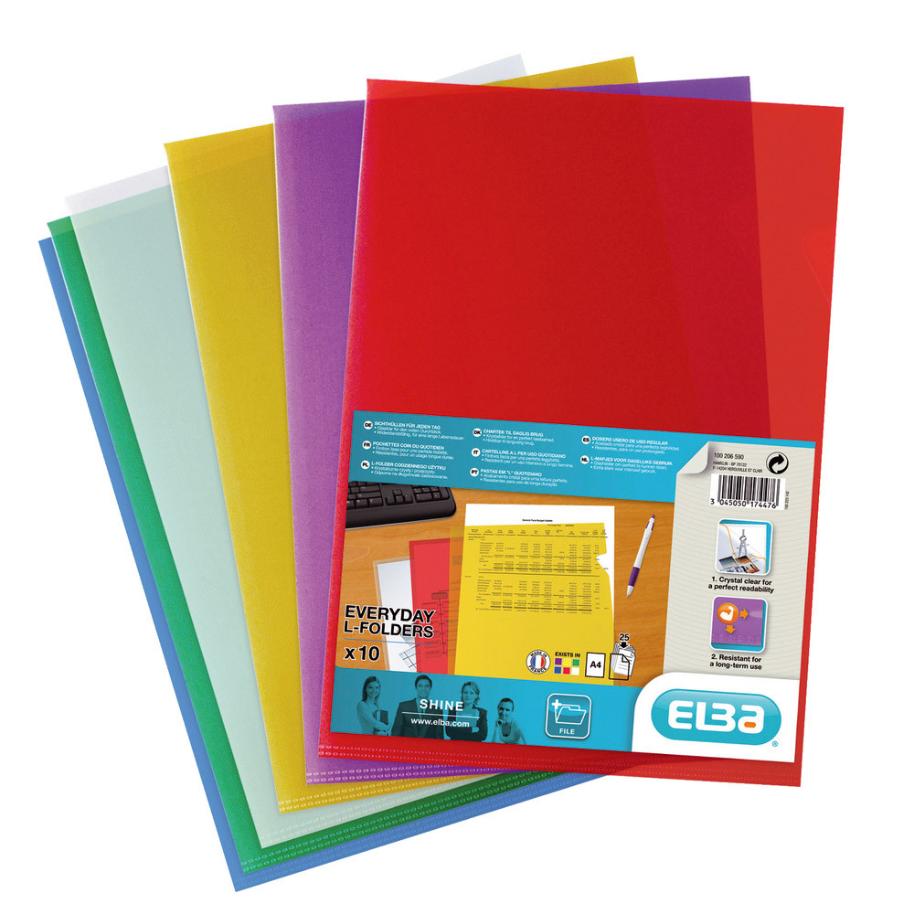 10 pochettes coin Elba transparentes polypropylène lisse 12/100ème coloris assortis