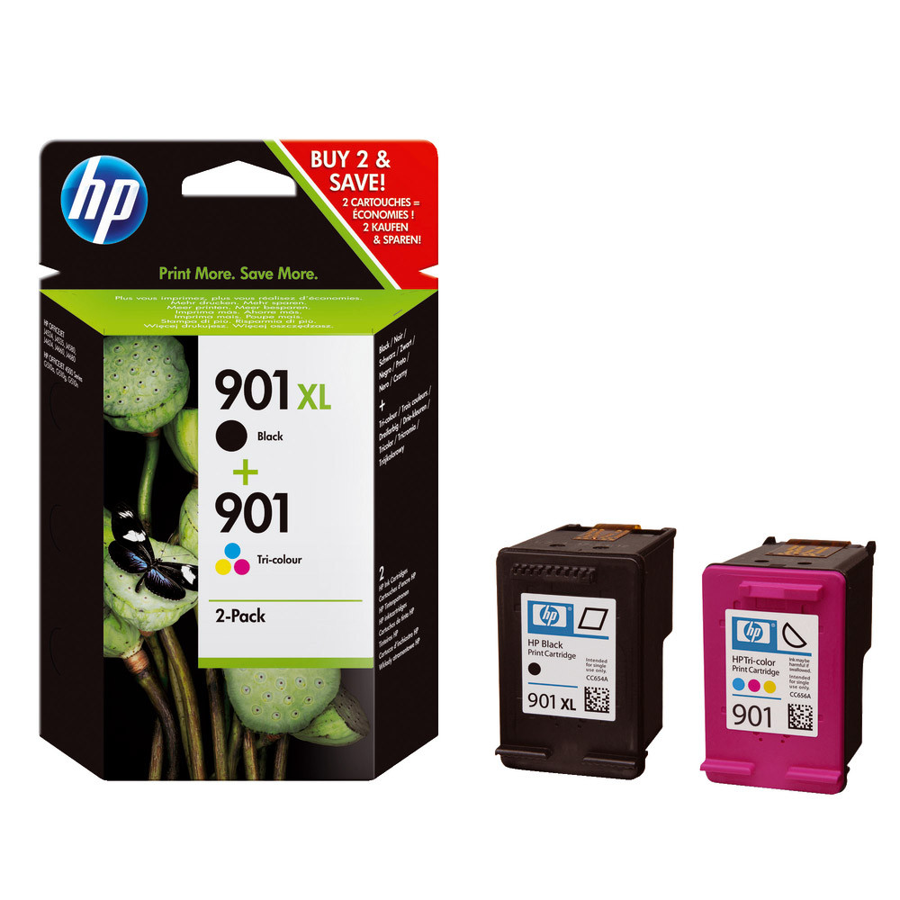 Pack 2 cartouches HP 901 XL et 901 noir et couleurs pour imprimantes jet d'encre