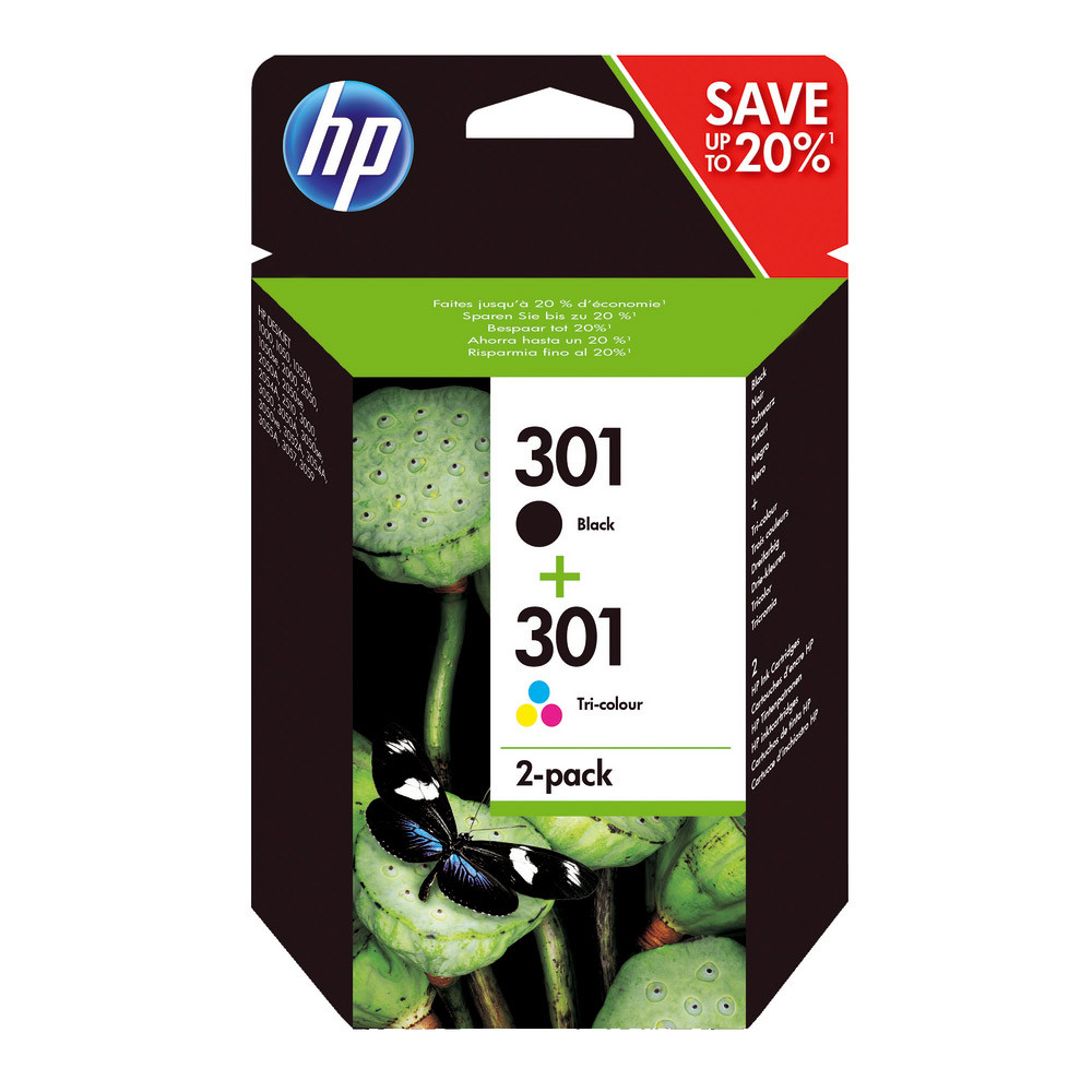 Pack 2 cartouches HP 301 noir + 301 tricolore (cyan + magenta + jaune) pour imprimantes jet d'encre