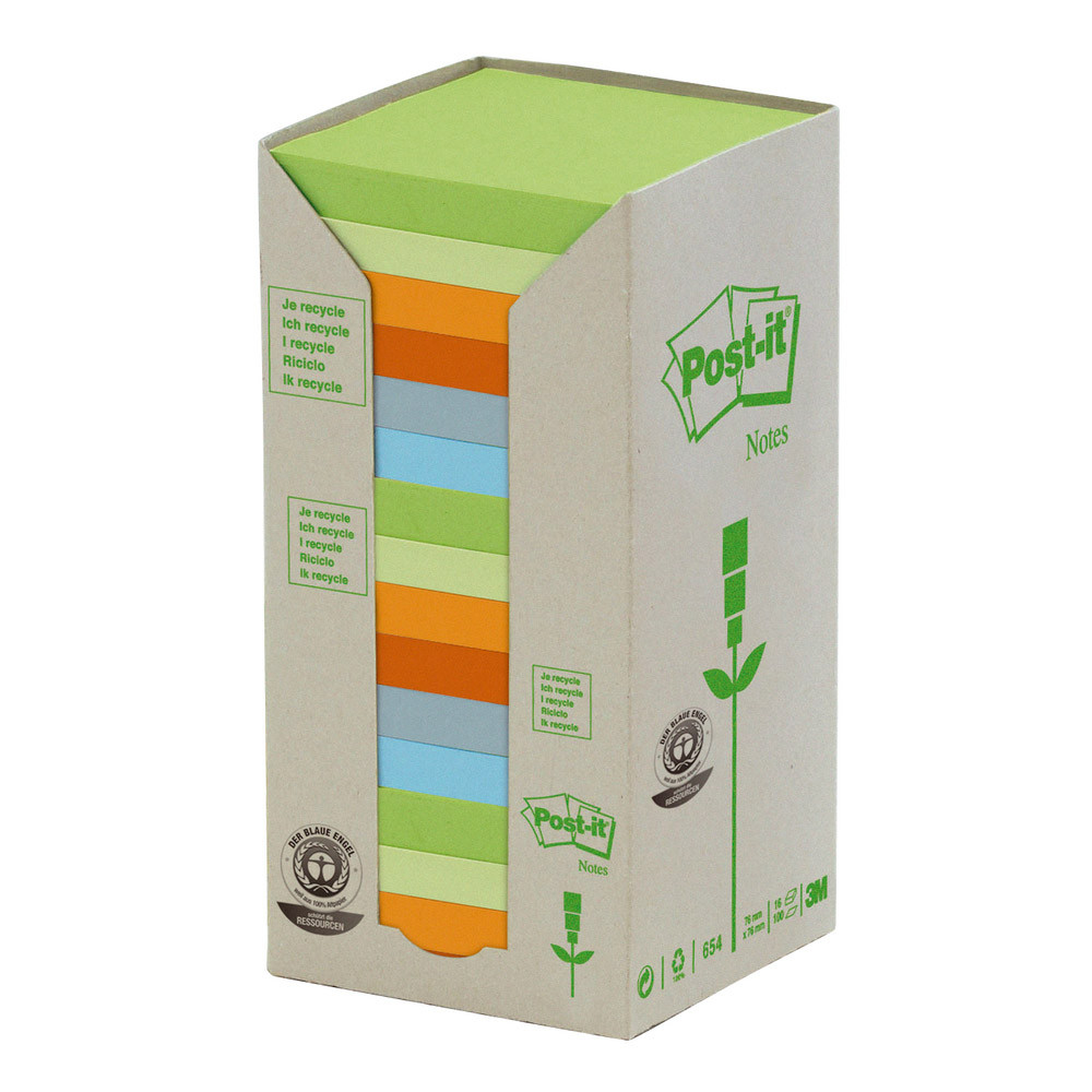 16 blocs notes repositionnables Post-it® recyclées coloris assortis 76 x 76 mm