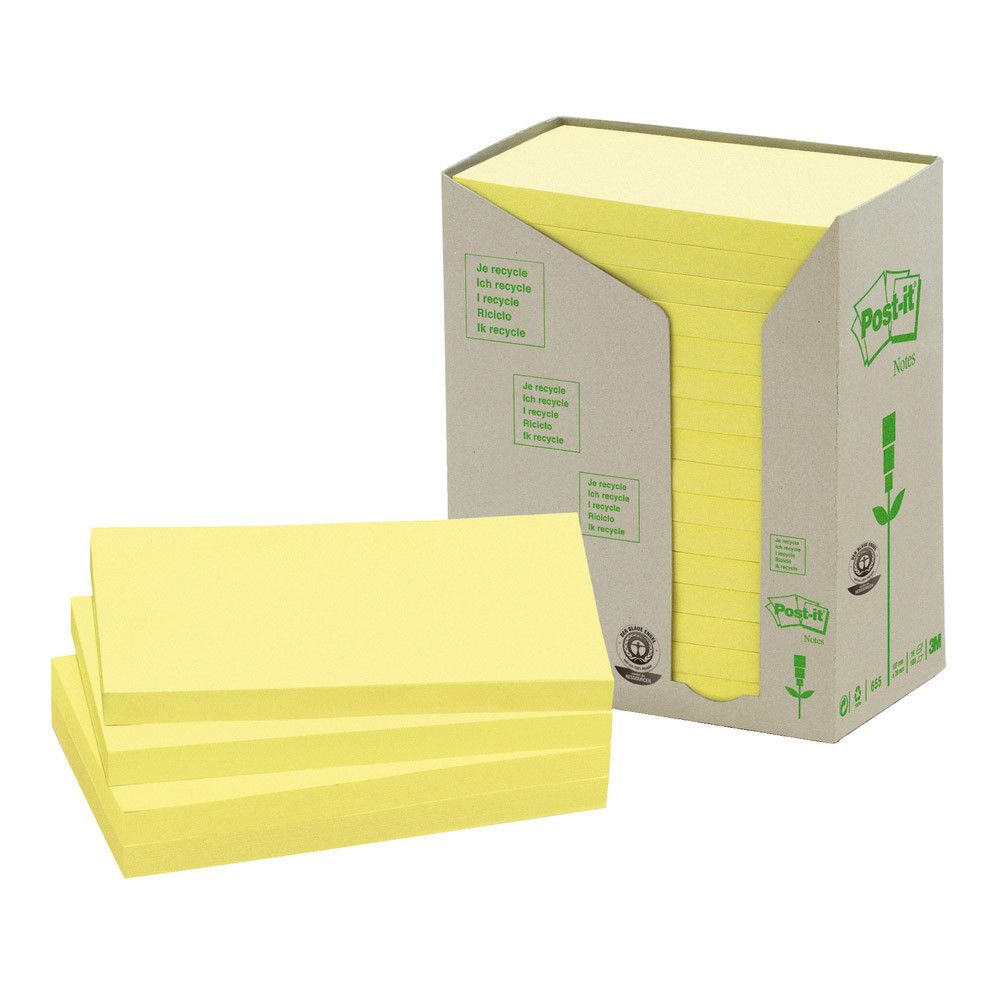 16 blocs notes repositionnables Post-it® recyclées jaune 76 x 127 mm