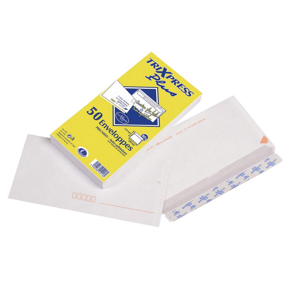 50 enveloppes DL blanches La Couronne précasées à bande protectrice 110 x 220 mm sans fenêtre vélin 