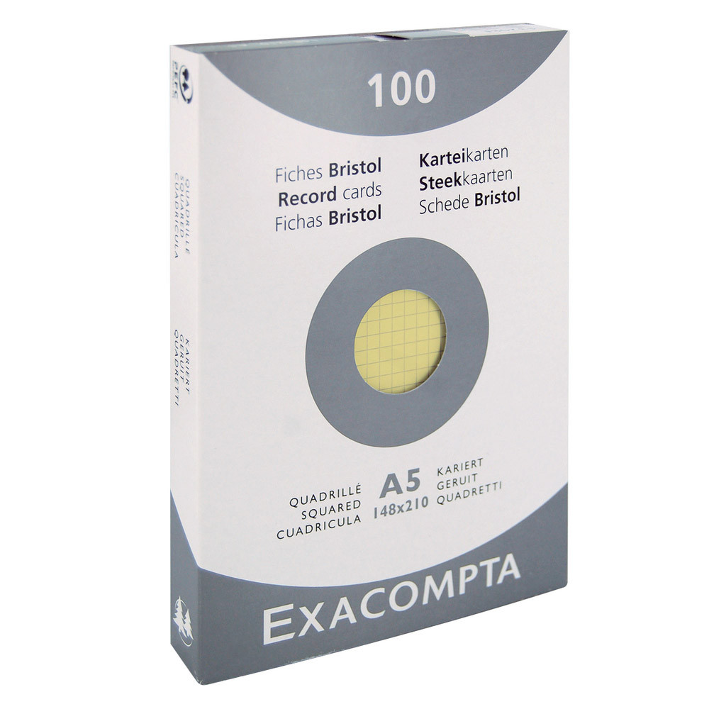 100 fiches bristol quadrillées 14,8 x 21 cm Exacompta coloris jaune, la boîte