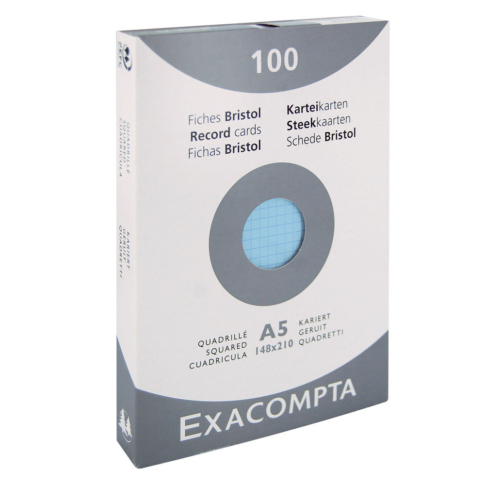 100 fiches bristol quadrillées 14,8 x 21 cm Exacompta coloris bleu, la boîte