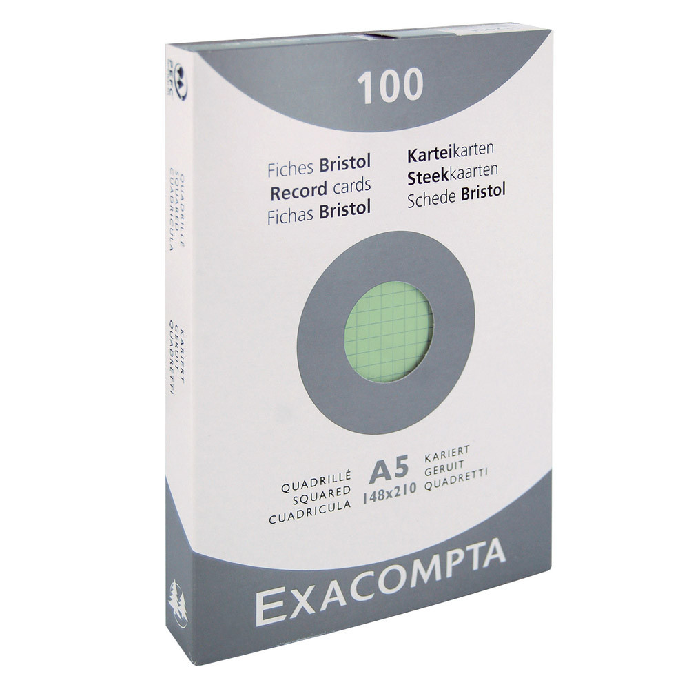 100 fiches bristol quadrillées 14,8 x 21 cm Exacompta coloris vert, la boîte