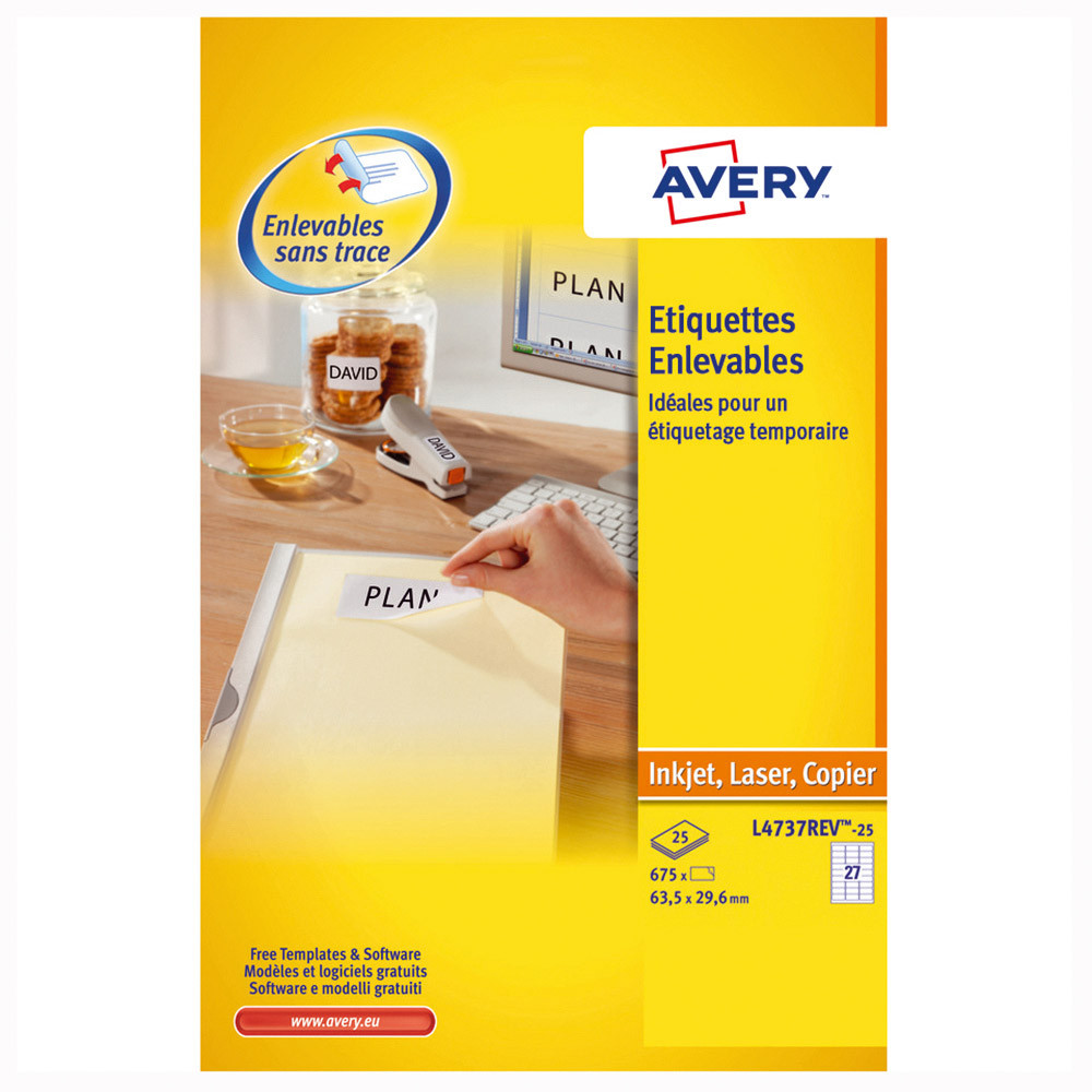 675 étiquettes repositionnables blanches LR4737REV Avery, la boite