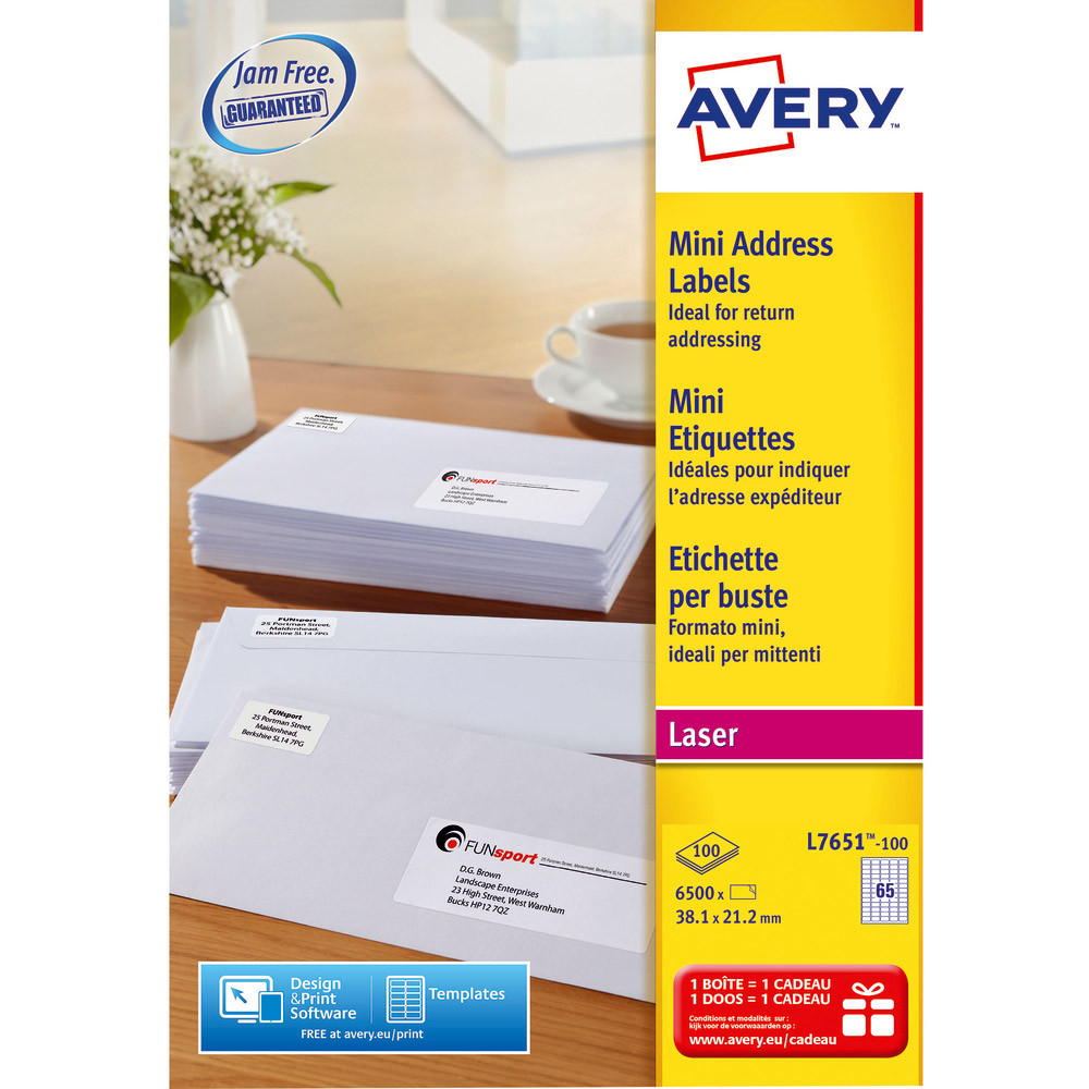 Boite de 6500 étiquettes laser blanches L7651 format 38,1 x 21,2 mm Avery