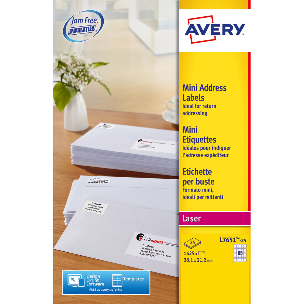 Boite de 1625 étiquettes laser blanches L7651 format 38,1 x 21,2 mm Avery
