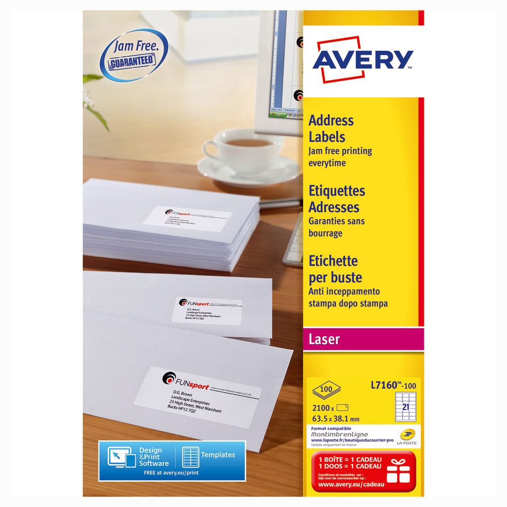 Boite de 840 étiquettes laser blanches L7160 format 63,5 x 38,1 mm Avery
