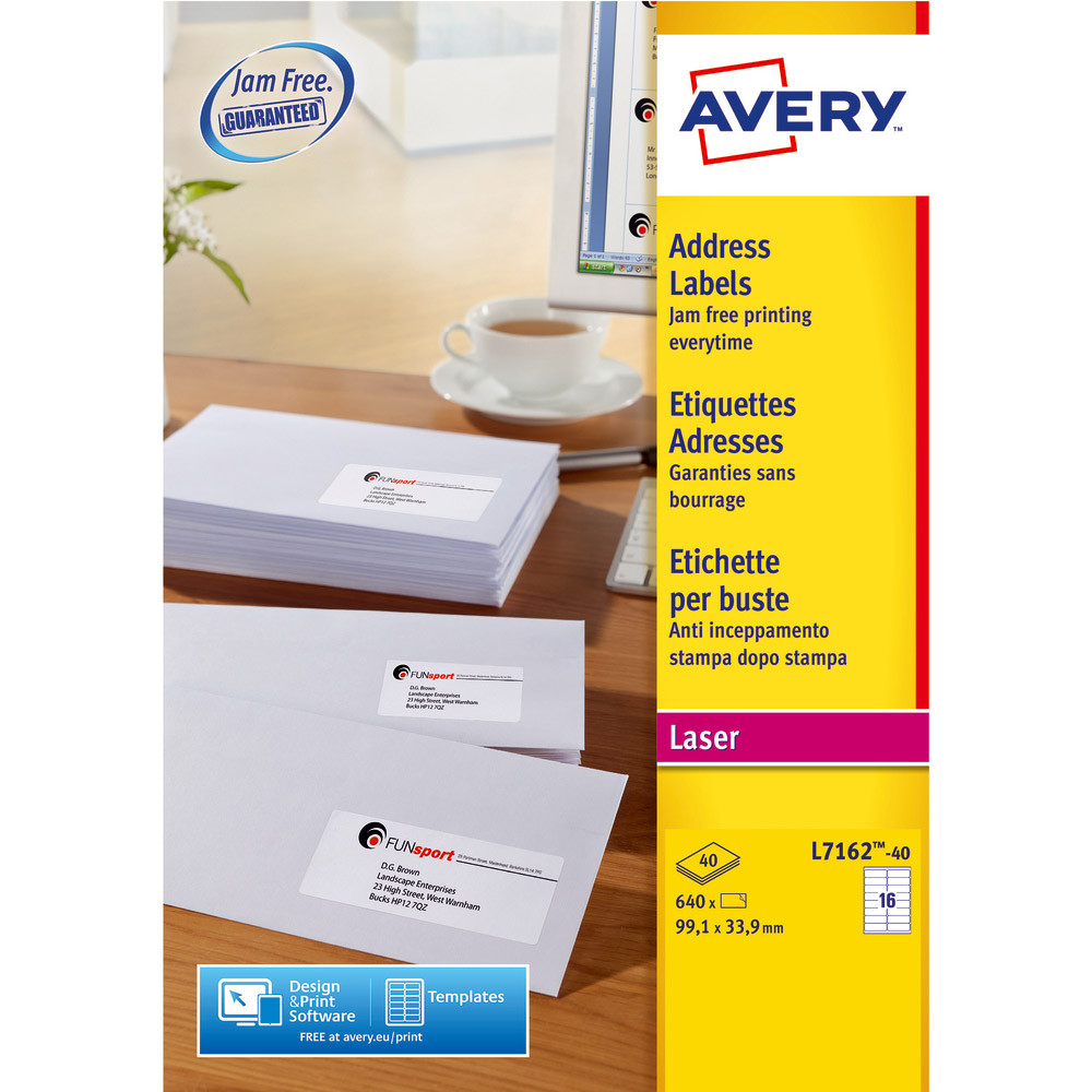 Boite de 640 étiquettes laser blanches L7162 format 99,1 x 33,9 mm Avery