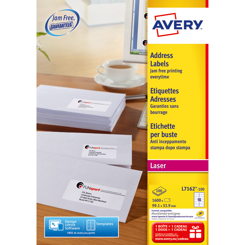 Boite de 1600 étiquettes laser blanches L7162 format 99,1 x 33,9 mm Avery