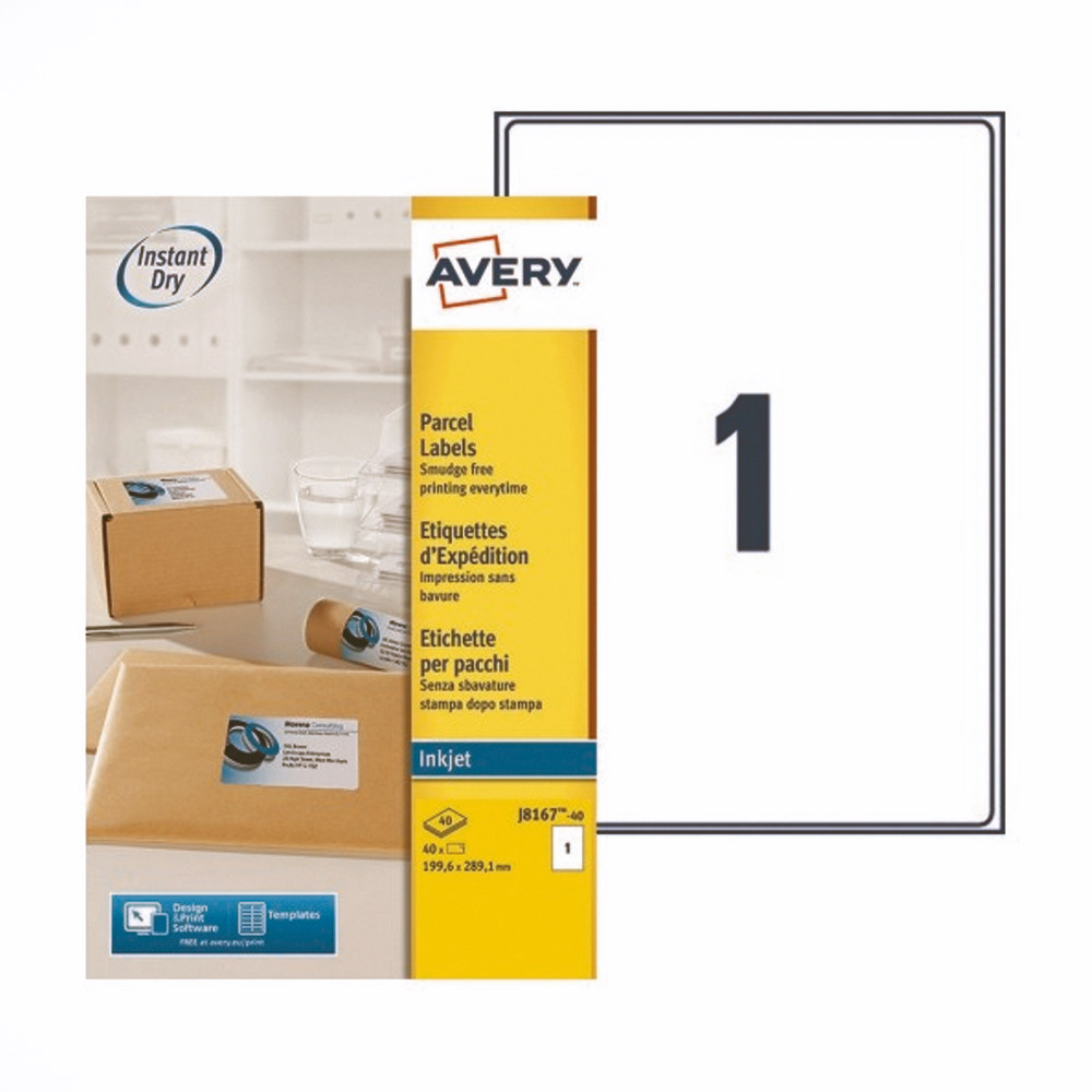 Boite de 40 étiquettes jet d'encre blanches J8167 format 199,6 x 289,1 mm Avery