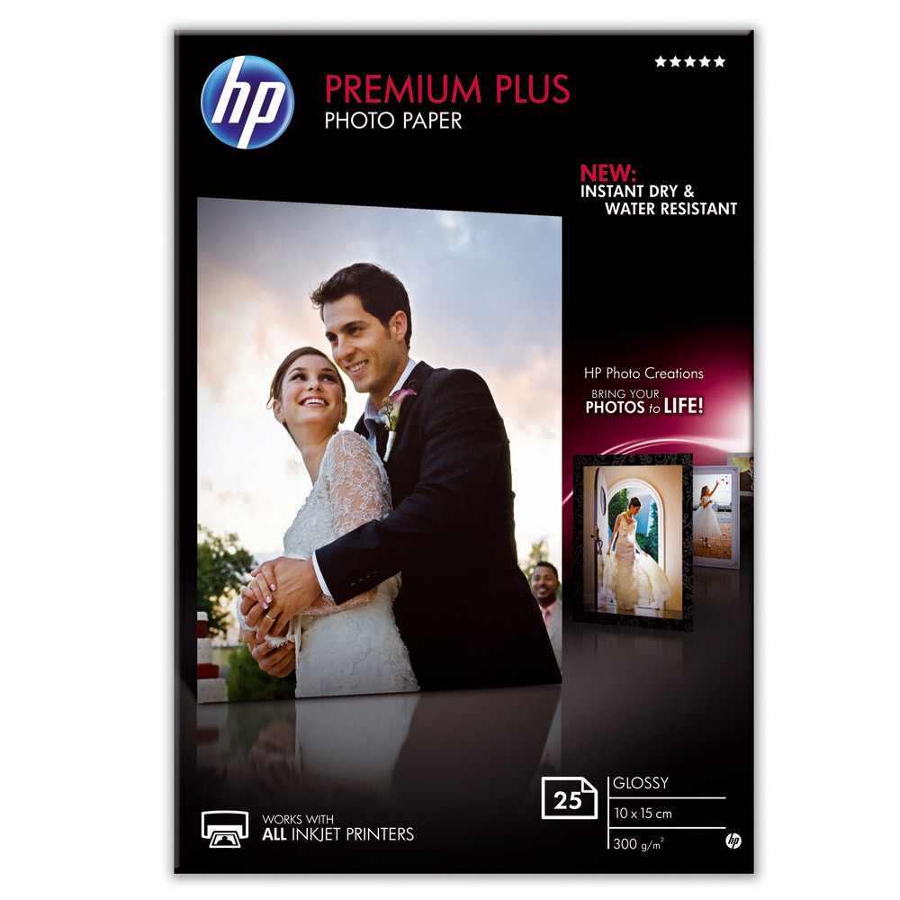 25 feuilles papiers photo 10 x 15 Jet d'encre HP Premium Plus CR677A, la pochette