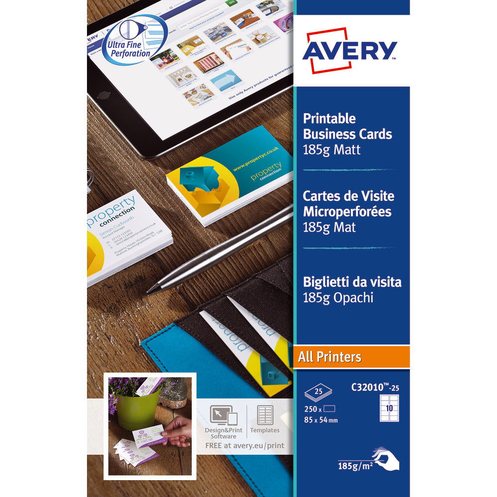 250 cartes de visites microperforées coloris blanc C32010 Avery, la boîte