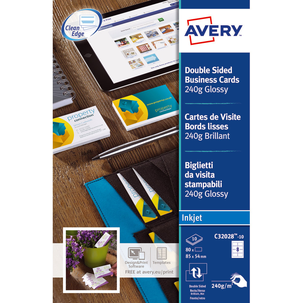80 cartes de visites Coloris blanc C32028 Quick & Clean Avery, la boîte