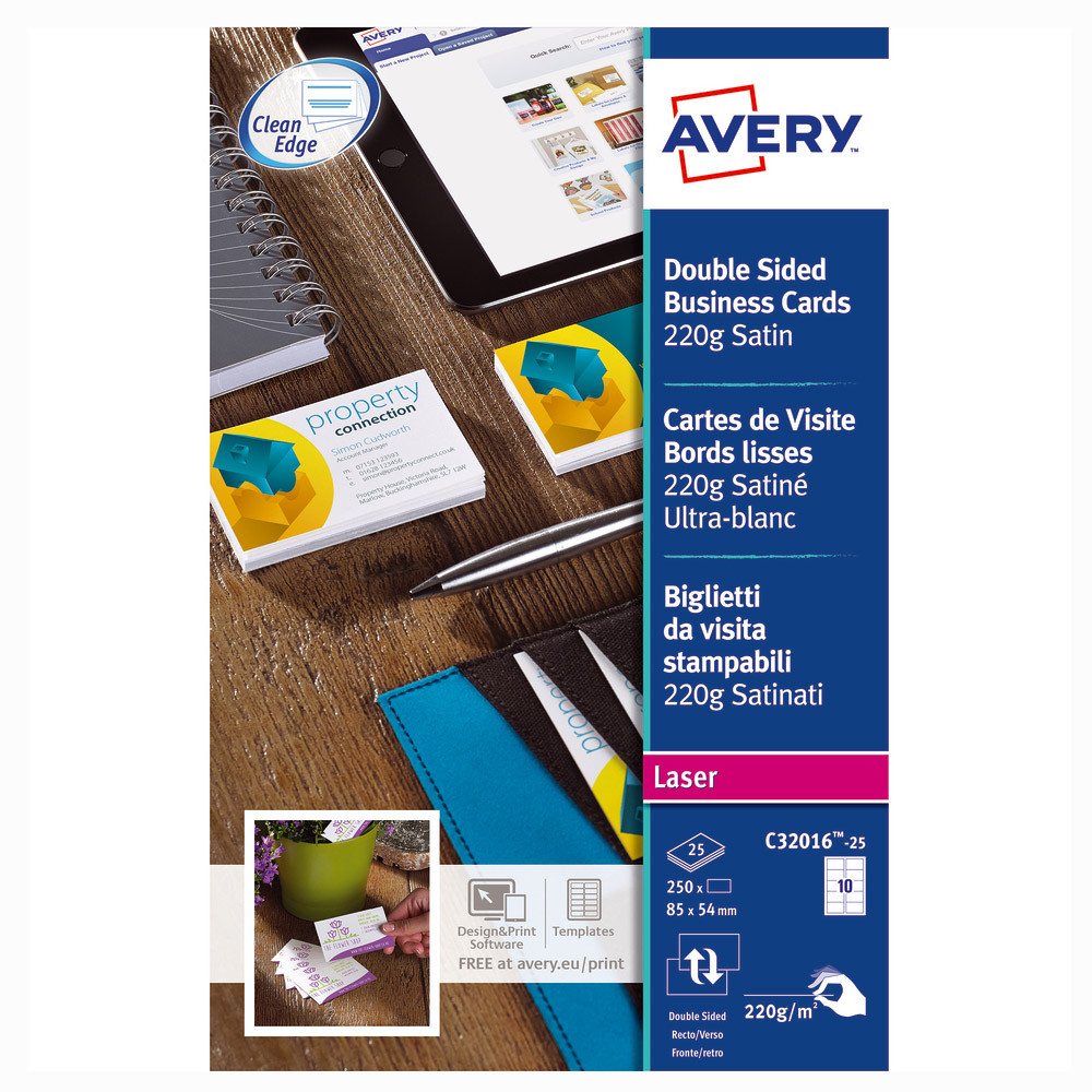 100 cartes de visites Coloris blanc C32016 Quick & Clean Avery, la boîte