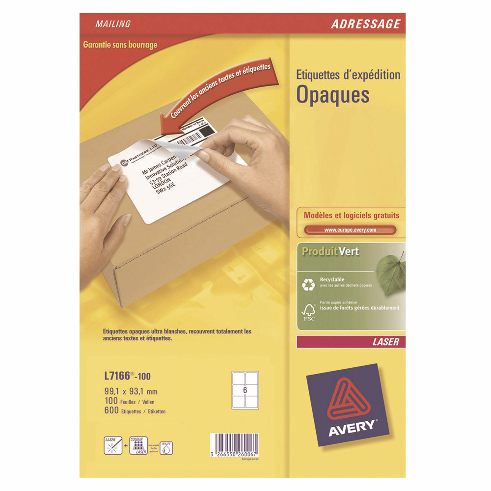 Boite de 600 étiquettes laser opaques blanches L 7166 format 99,1 x 93,1 mm Avery