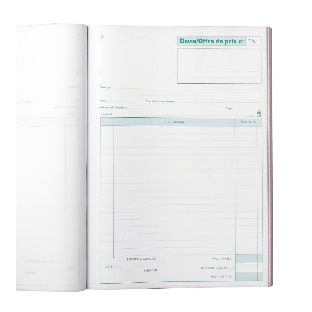 5 manifolds autocopiants pré-imprimés Devis-offre de prix tripli 21 x 29,7 Exacompta, le lot