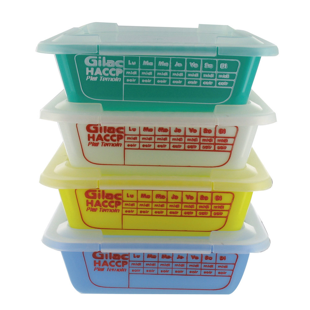 Lot de 5 bacs alimentaires plats témoins avec couvercle 3L assortis Gilac