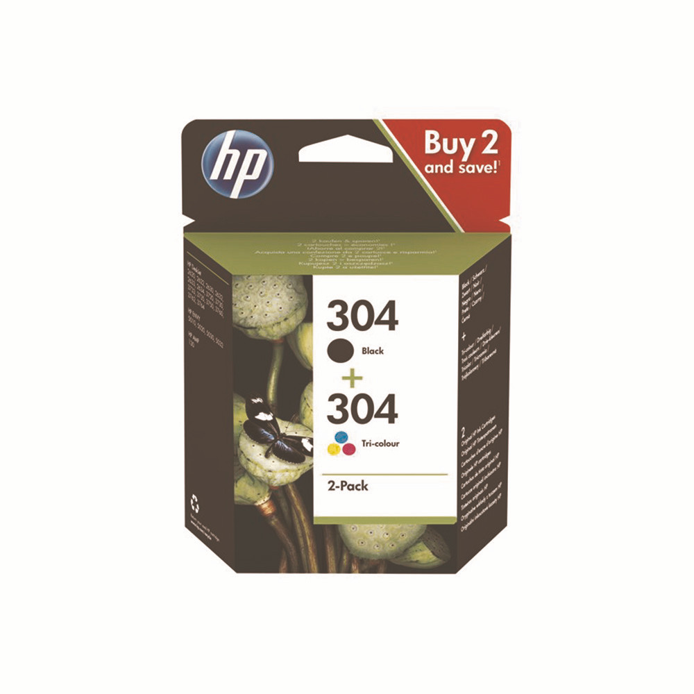 Pack 2 cartouches HP 304 noir et couleurs pour imprimantes jet d'encre
