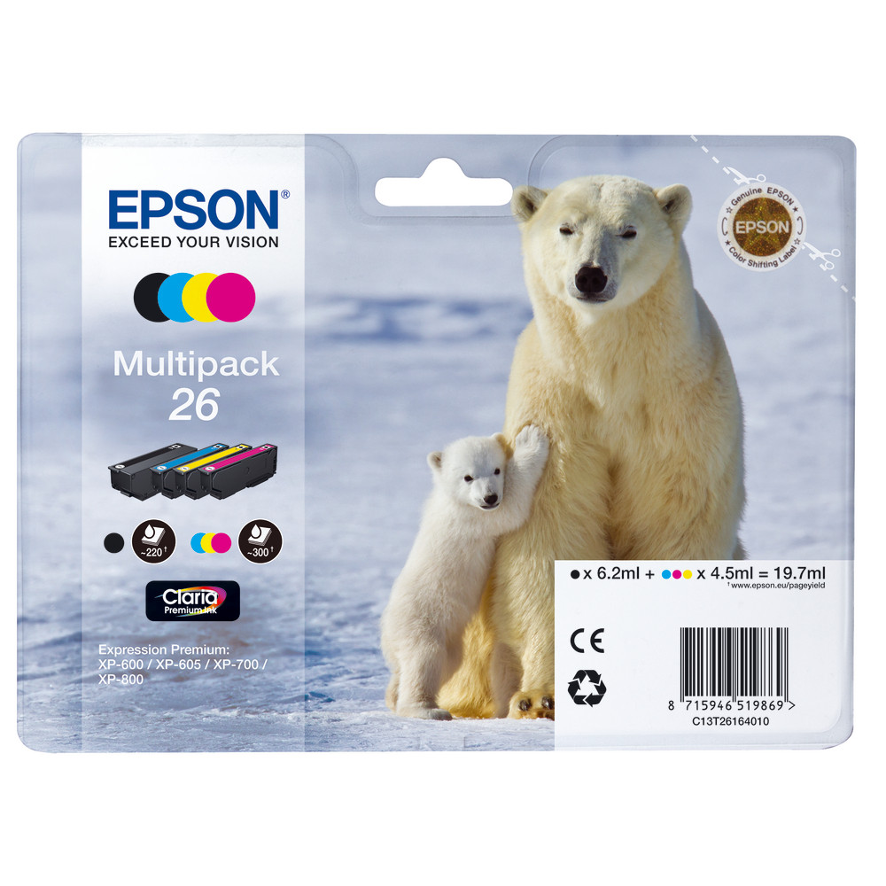 Pack de 4 cartouches d'encre Epson 26 noire et couleurs pour imprimantes jet d'encre