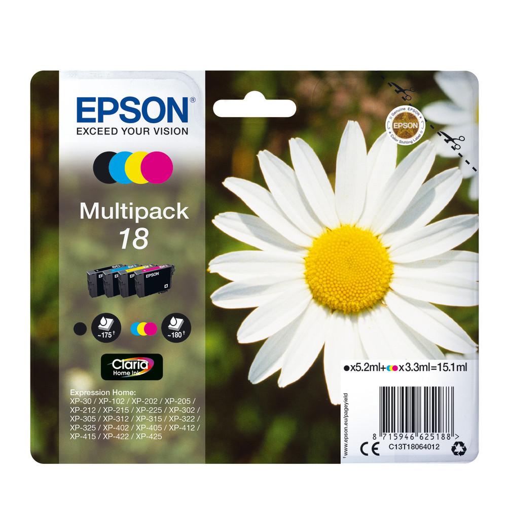 Pack 4 cartouches Epson 18 noir et couleurs pour imprimantes jet d'encre