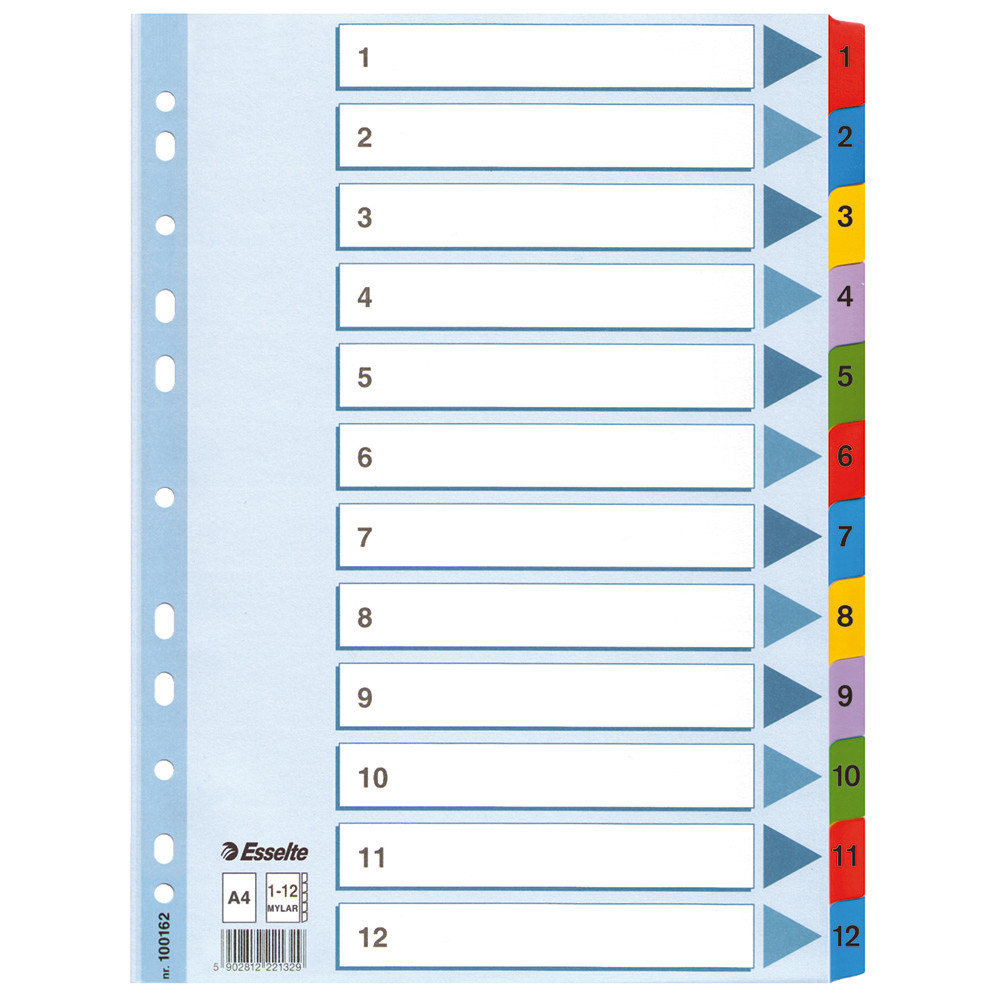 2 jeux d'intercalaires 12 touches numériques multicolores Esselte en carton format A4