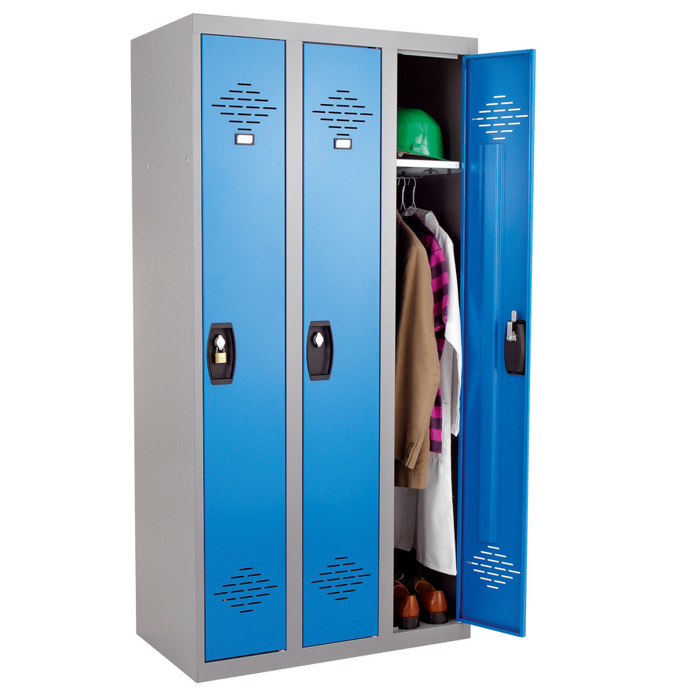 Vestiaires monobloc Confort Industrie propre 3 cases, toit plat, gris / bleu