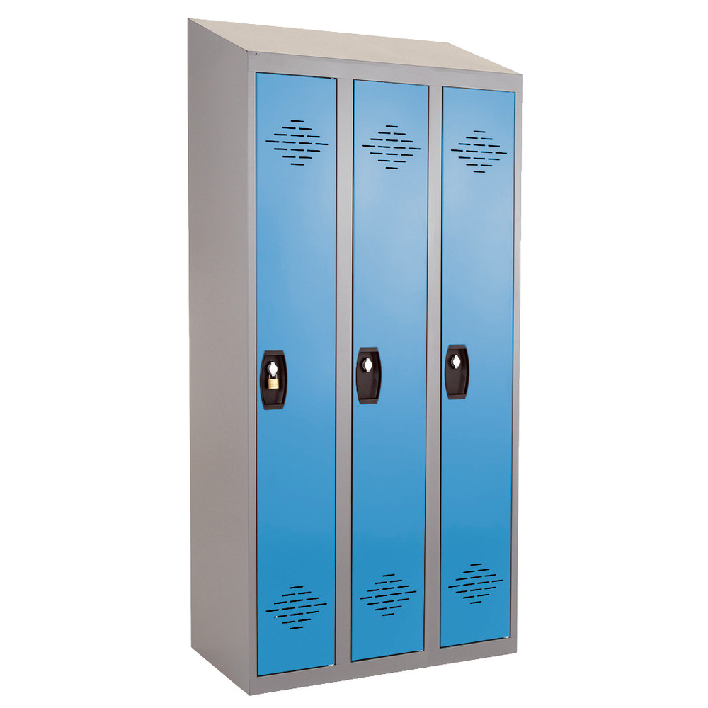 Vestiaires Monobloc Confort Industrie propre 3 cases, toit incliné, gris / bleu